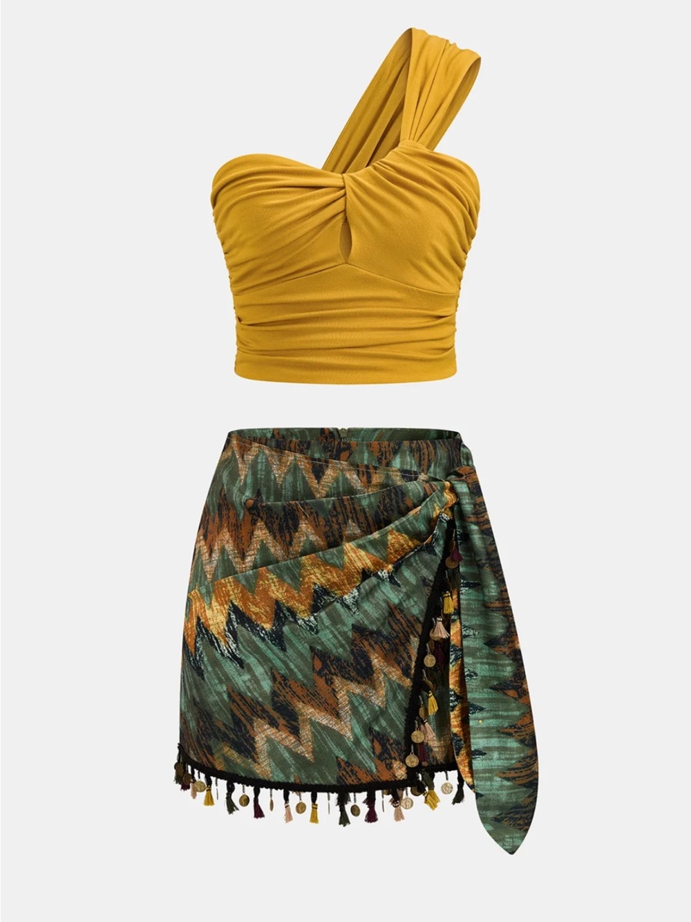 Commense One Shoulder Top & Tassel Mini Skirt Set Size Small NWT